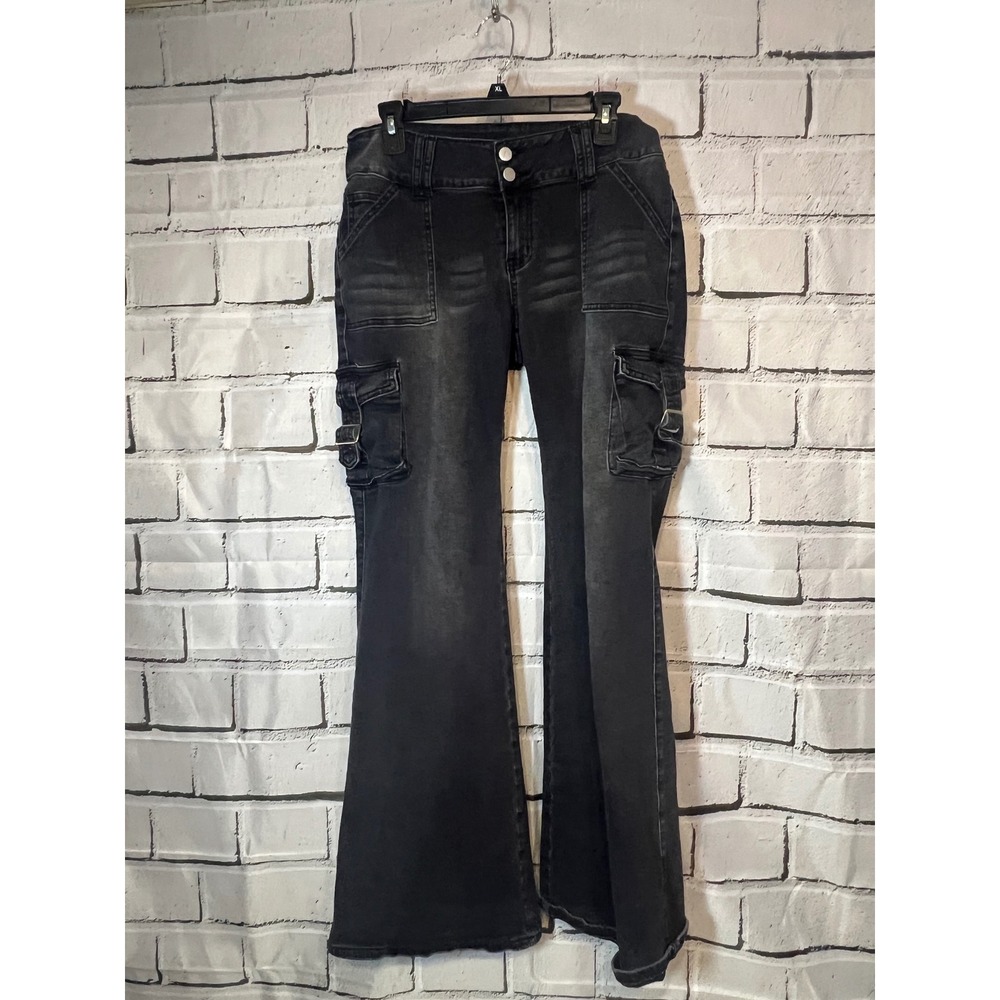 Black Cargo Flare Jeans Y2K High Waisted Buckle Pocket Denim 32x32